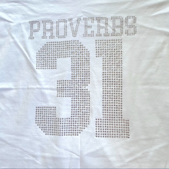 LAT Apparel Rhinestone Proverbs 31 Varsity White Cotton T-Shirt Size S - Picture 3 of 6